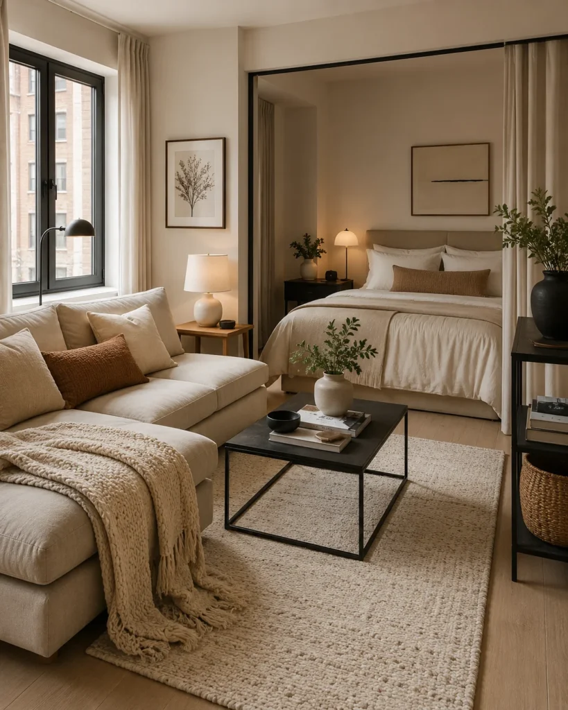Coordinated small apartment living and bedroom zones with warm neutral textiles