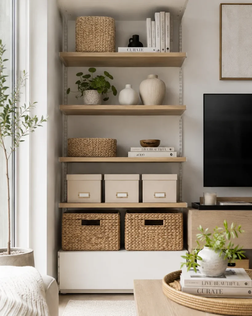 Organized apartment shelving with woven baskets, storage boxes, books, and neutral decor