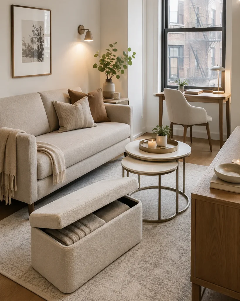 Compact apartment living area with a storage ottoman, nesting tables, slim sofa, and warm neutral decor