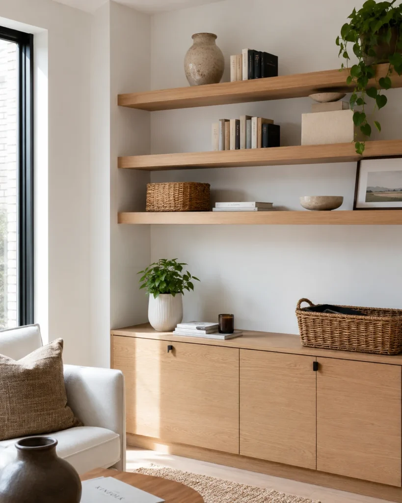 Sparse oak open shelves styled with books, baskets, ceramics, and plants