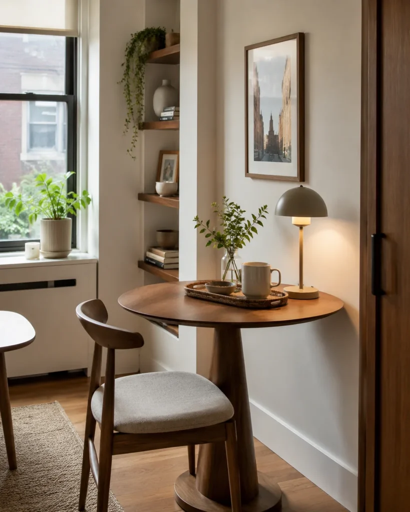 Compact apartment dining corner with a round wood table, slim chair, lamp, tray, framed art, and neutral decor