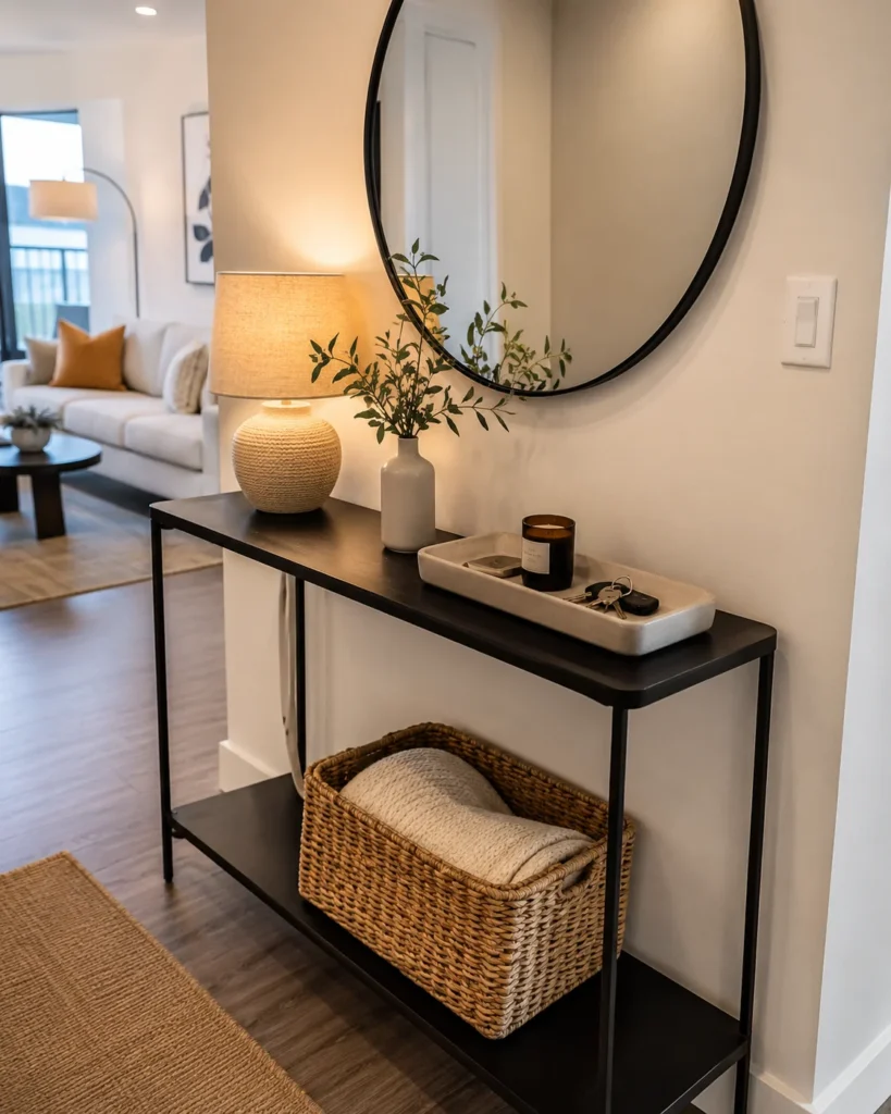 Stylish apartment console with tray, keys, candle, mirror, and woven basket