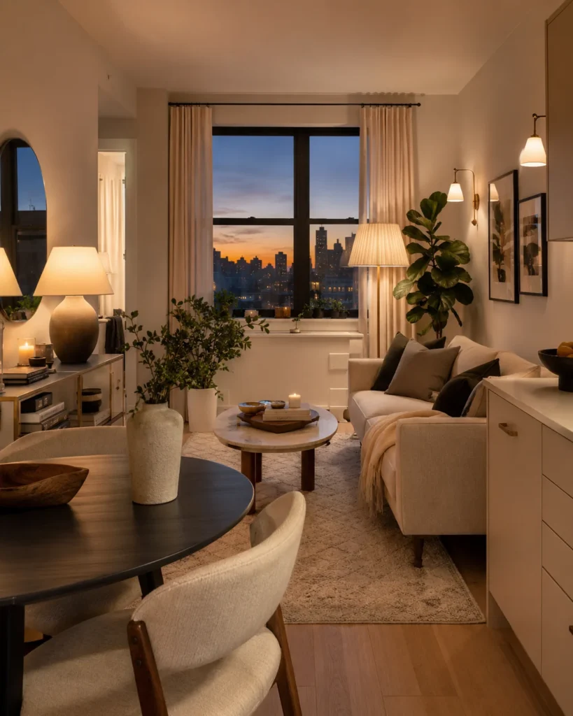Cozy apartment living room at dusk with layered lamps, sconces, and warm neutral decor