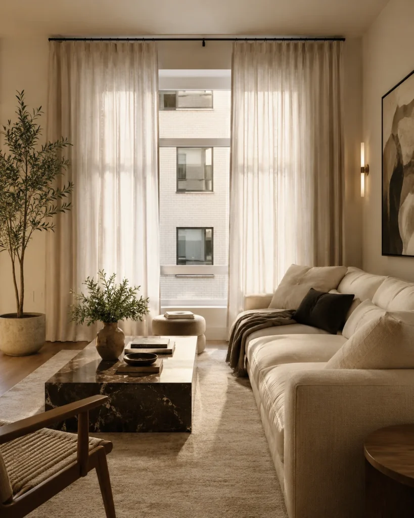 Cozy apartment living room with high full-length linen curtains filtering soft daylight