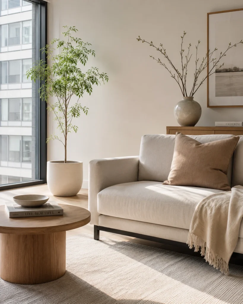 Airy apartment living room with a floor plant, ceramic branch vase, cream sofa, oak table, and pale rug