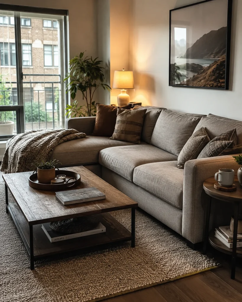 Cozy apartment sofa setup with warm lamp, side table, throw blanket, and tray