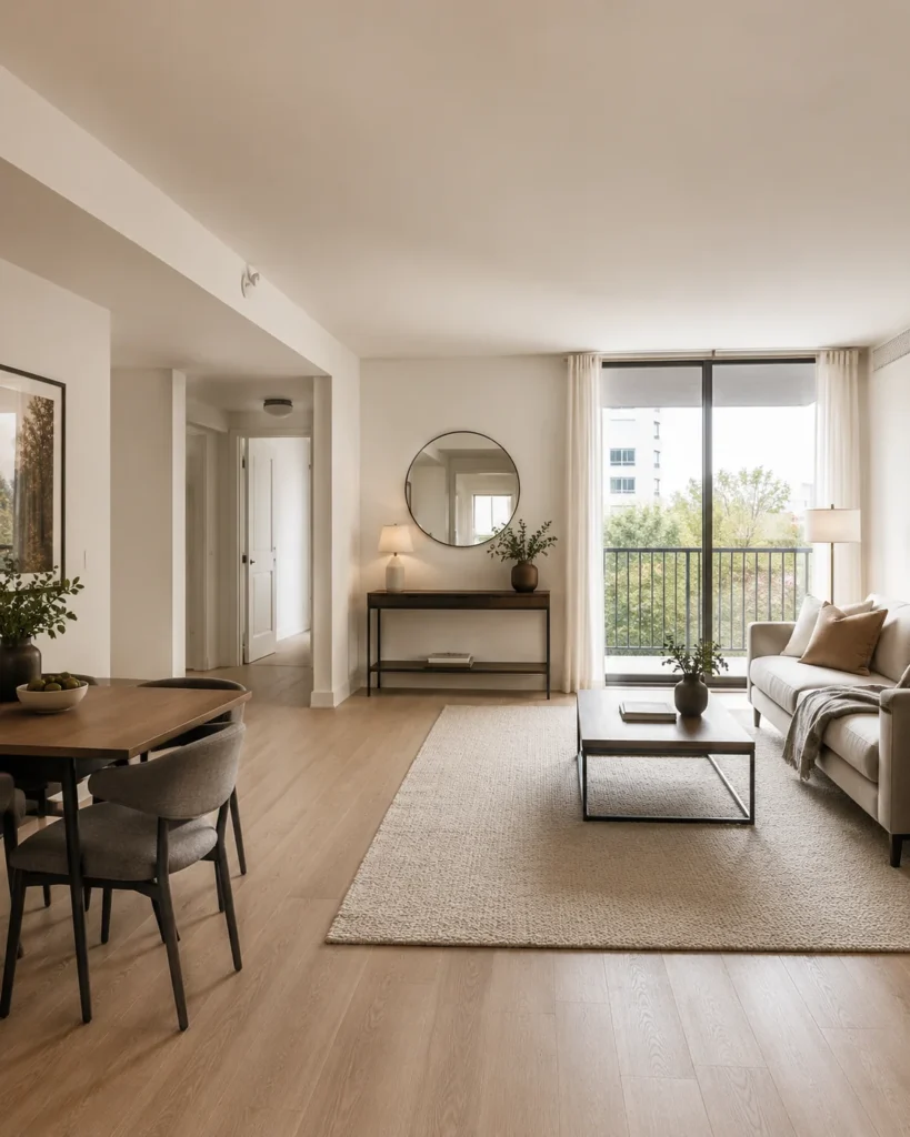 Open apartment living area with edited neutral decor, clear floor space, large rug, and slim furniture
