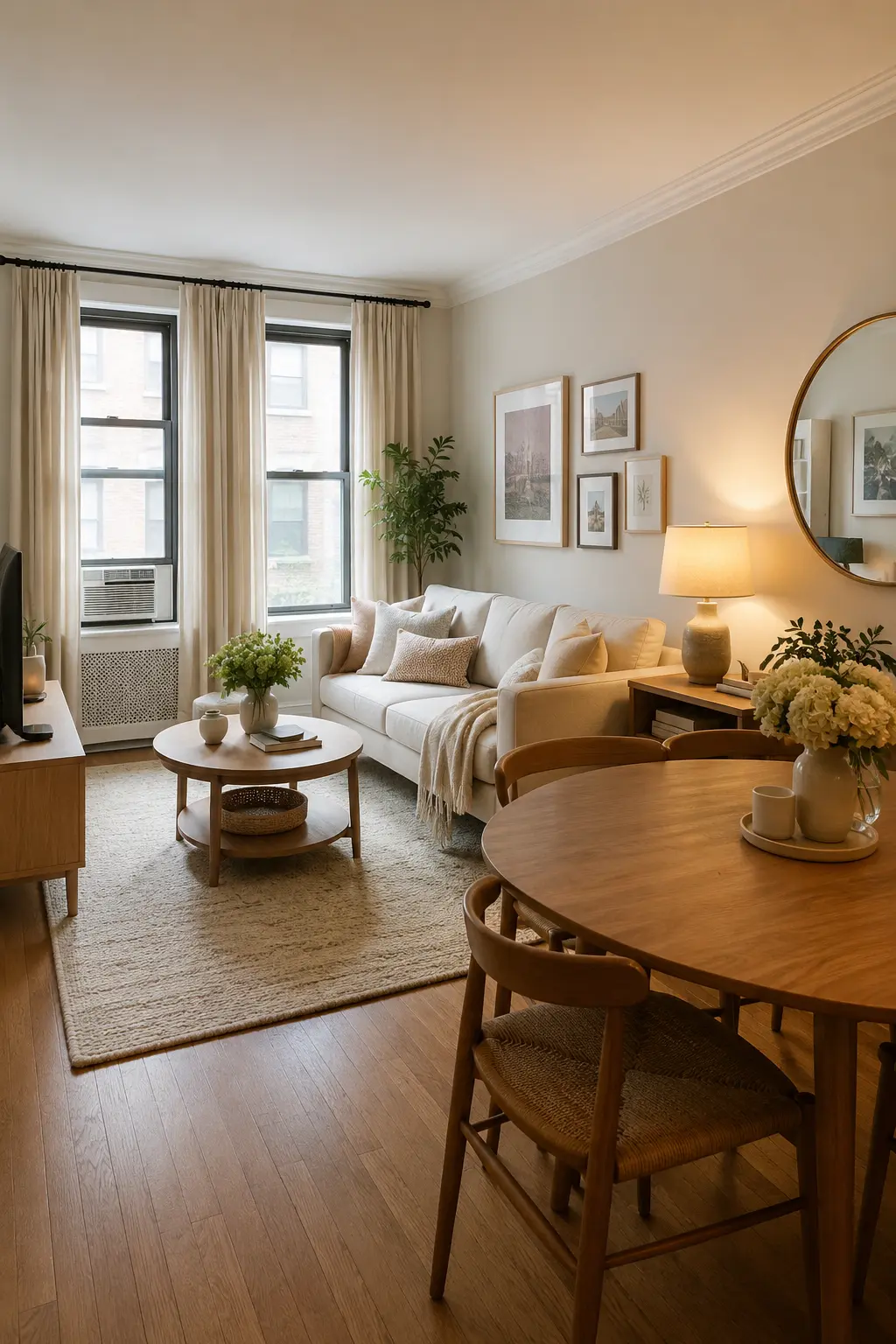 Stylish apartment living room showing apartment inspiration ideas with layered lighting and neutral decor