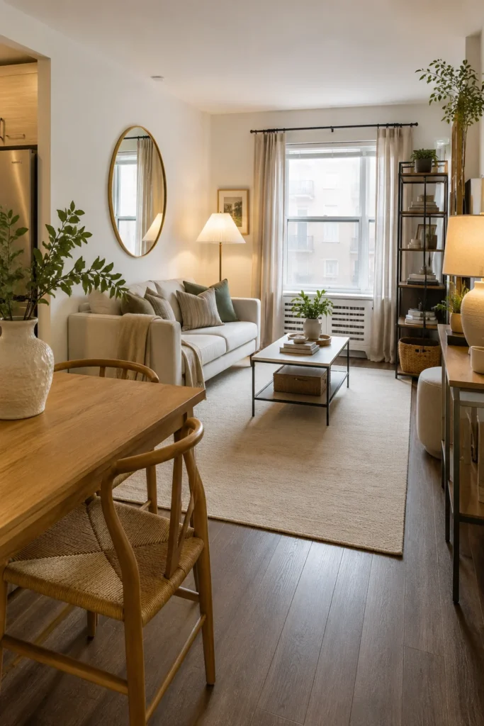 Bright apartment living room with large neutral rug, slim sofa, mirror, lamps, and styled shelving
