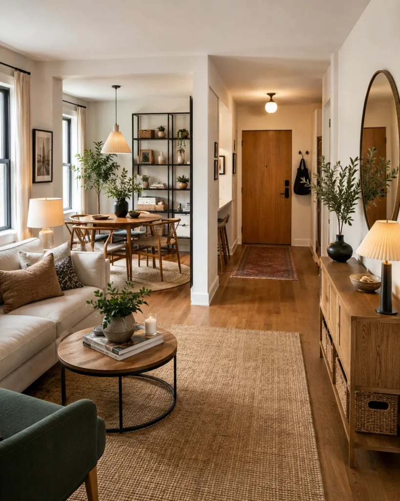 Warm apartment overview with defined lounge, dining, and entry zones