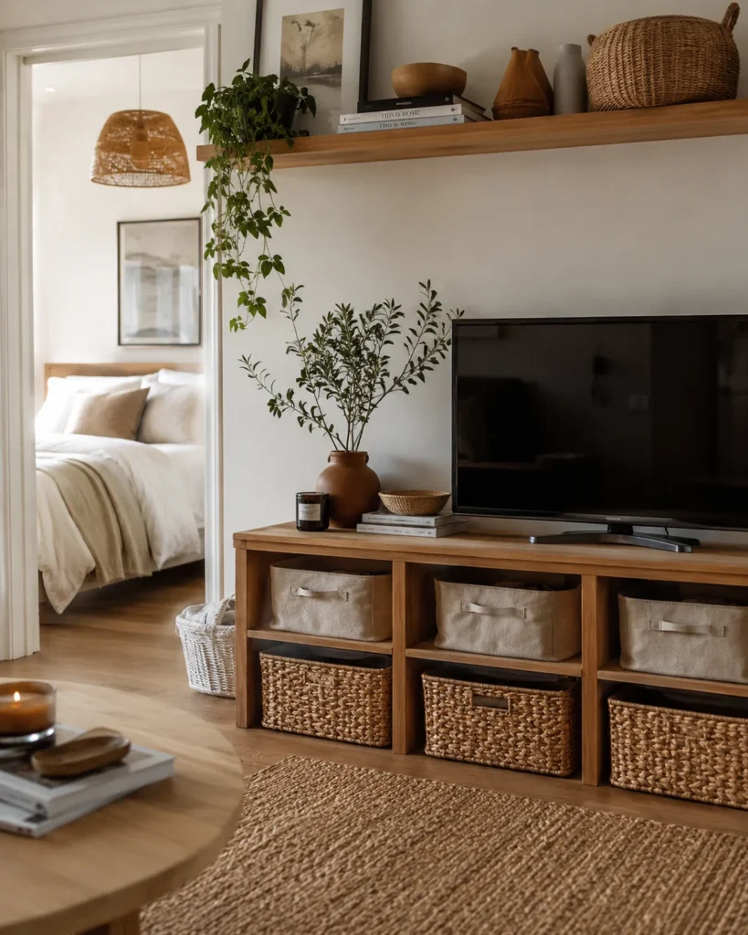 19 Cozy Apartment Aesthetic Ideas for a Warm & Inviting Home 17 Cozy apartment storage console with woven baskets and linen bins in a warm neutral living room