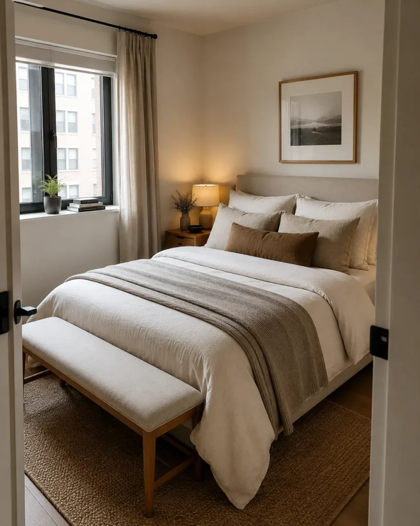 19 Cozy Apartment Aesthetic Ideas for a Warm & Inviting Home 15 Cozy apartment bedroom with slim bench, layered neutral bedding, warm lamp light, and oak accents