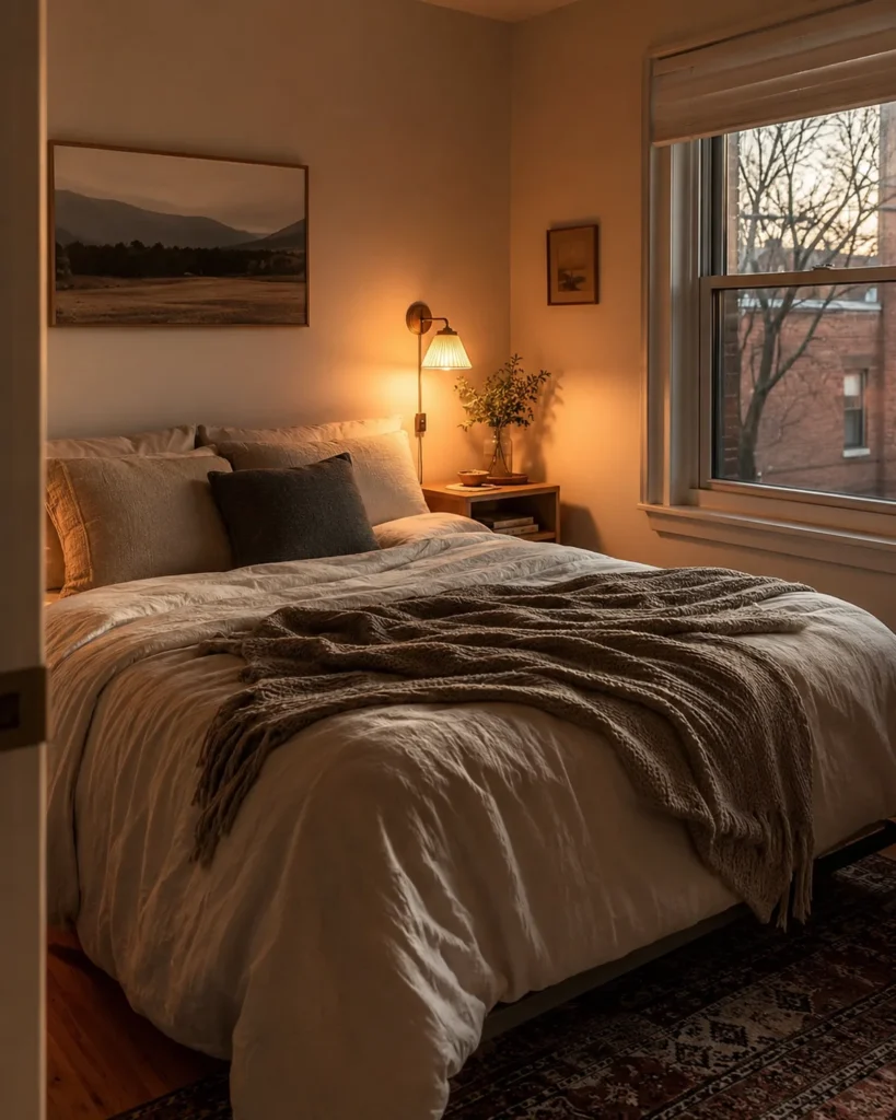 19 Cozy Apartment Aesthetic Ideas for a Warm & Inviting Home 14 Cozy apartment bedroom with warm bedside lighting and soft layered neutral bedding