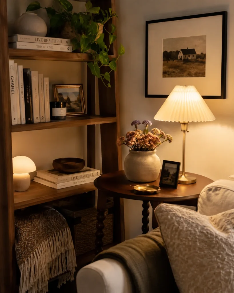 19 Cozy Apartment Aesthetic Ideas for a Warm & Inviting Home 11 Cozy apartment shelf and side table with books, warm lamp light, ceramic vase, and framed wall art