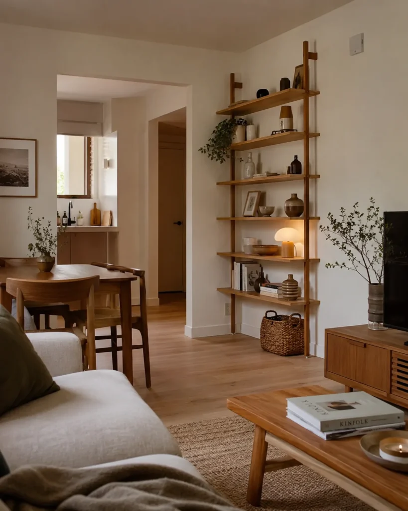 19 Cozy Apartment Aesthetic Ideas for a Warm & Inviting Home 21 Cozy small apartment with edited wood shelves, neutral decor, and warm minimal styling