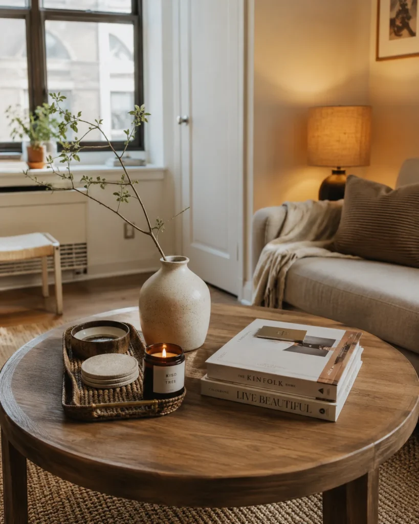 19 Cozy Apartment Aesthetic Ideas for a Warm & Inviting Home 9 Cozy small apartment coffee table with candle, books, ceramic vase, and woven tray