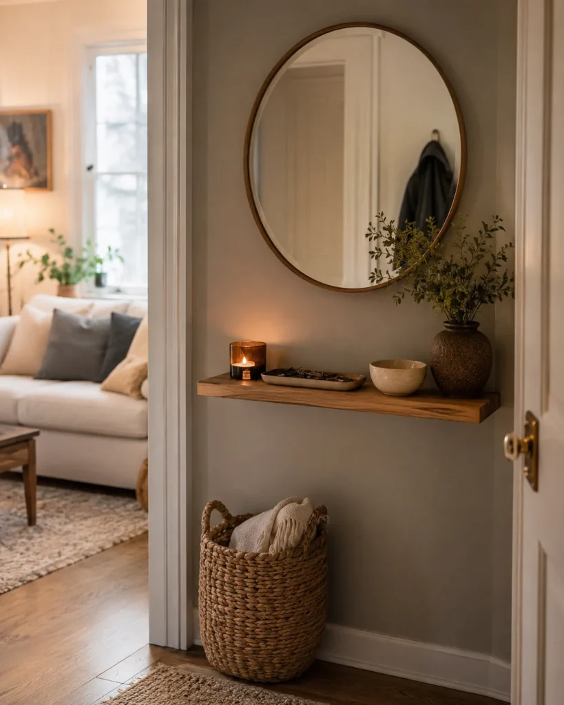 19 Cozy Apartment Aesthetic Ideas for a Warm & Inviting Home 16 Cozy apartment entryway with round mirror, wood shelf, candle, tray, vase, and woven basket