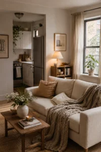 Cozy apartment aesthetic ideas with warm neutral decor and woven storage baskets