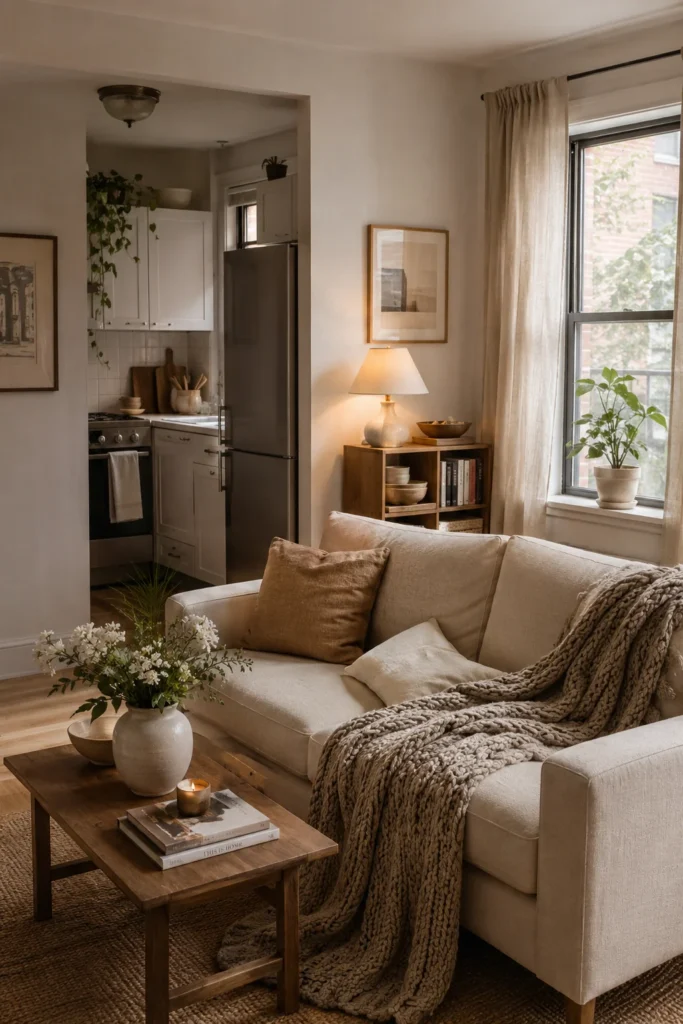 Cozy apartment aesthetic ideas with warm neutral decor and woven storage baskets