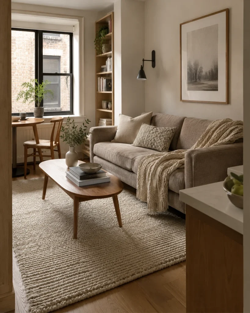 19 Cozy Apartment Aesthetic Ideas for a Warm & Inviting Home 7 Cozy apartment living area with a large cream textured rug, taupe sofa, oak table, and soft neutral decor.