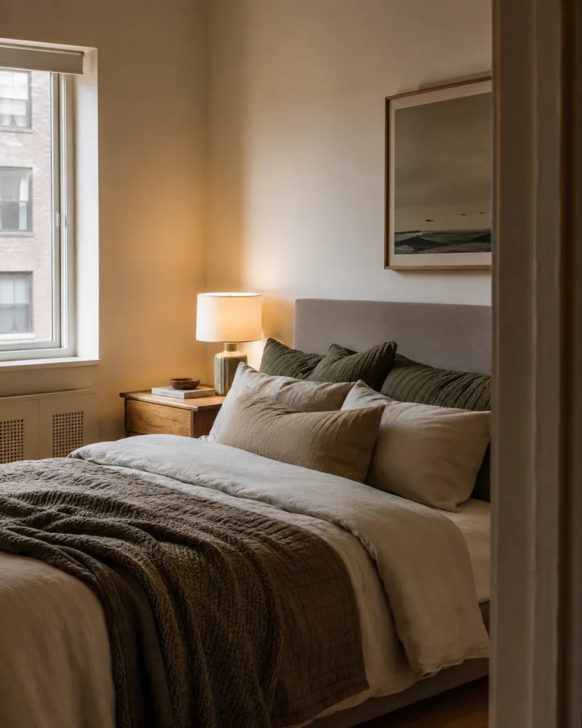 19 Cozy Apartment Aesthetic Ideas for a Warm & Inviting Home 13 Cozy small apartment bedroom with layered neutral bedding and a warm bedside lamp