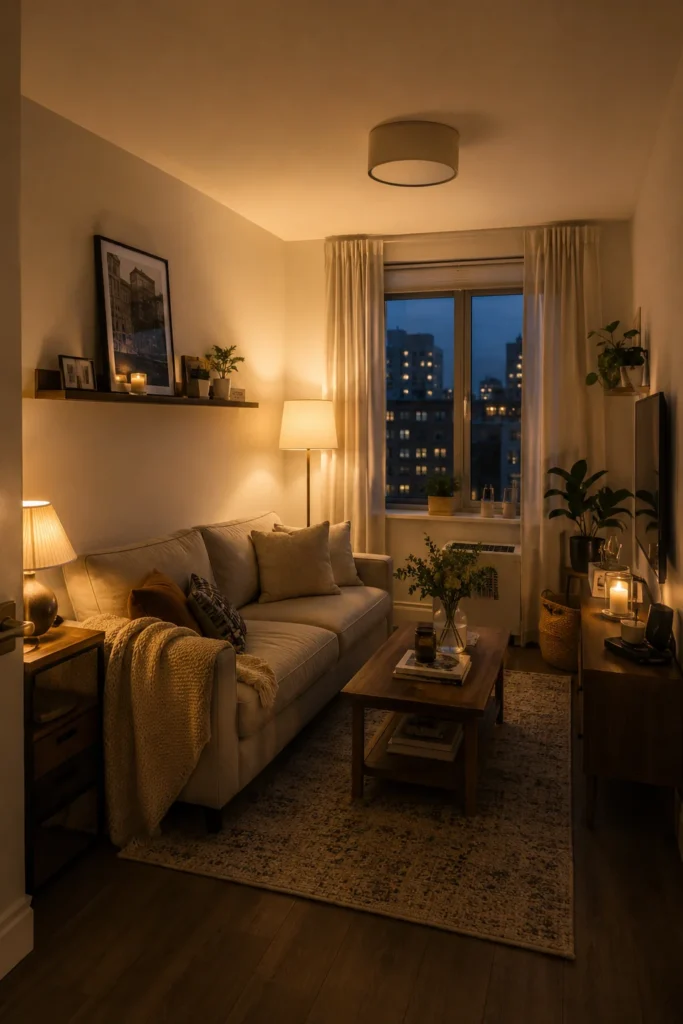 19 Cozy Apartment Aesthetic Ideas for a Warm & Inviting Home 4 Cozy small apartment living room at dusk with layered warm lighting, neutral sofa, wood table, and city view.