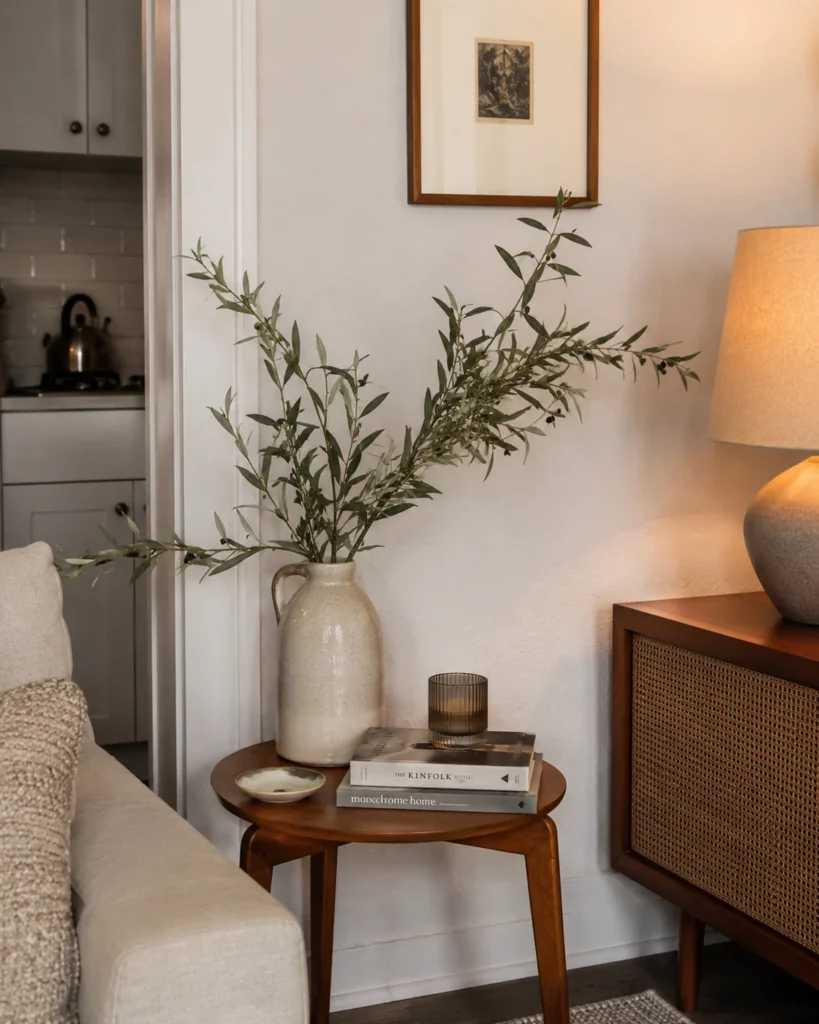 19 Cozy Apartment Aesthetic Ideas for a Warm & Inviting Home 20 Cozy apartment corner with olive branches in a ceramic vase on a warm wood side table