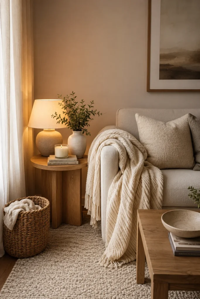 19 Cozy Apartment Aesthetic Ideas for a Warm & Inviting Home 2 Cozy apartment corner with warm lamp, textured throw, wood side table, linen curtain, and neutral decor