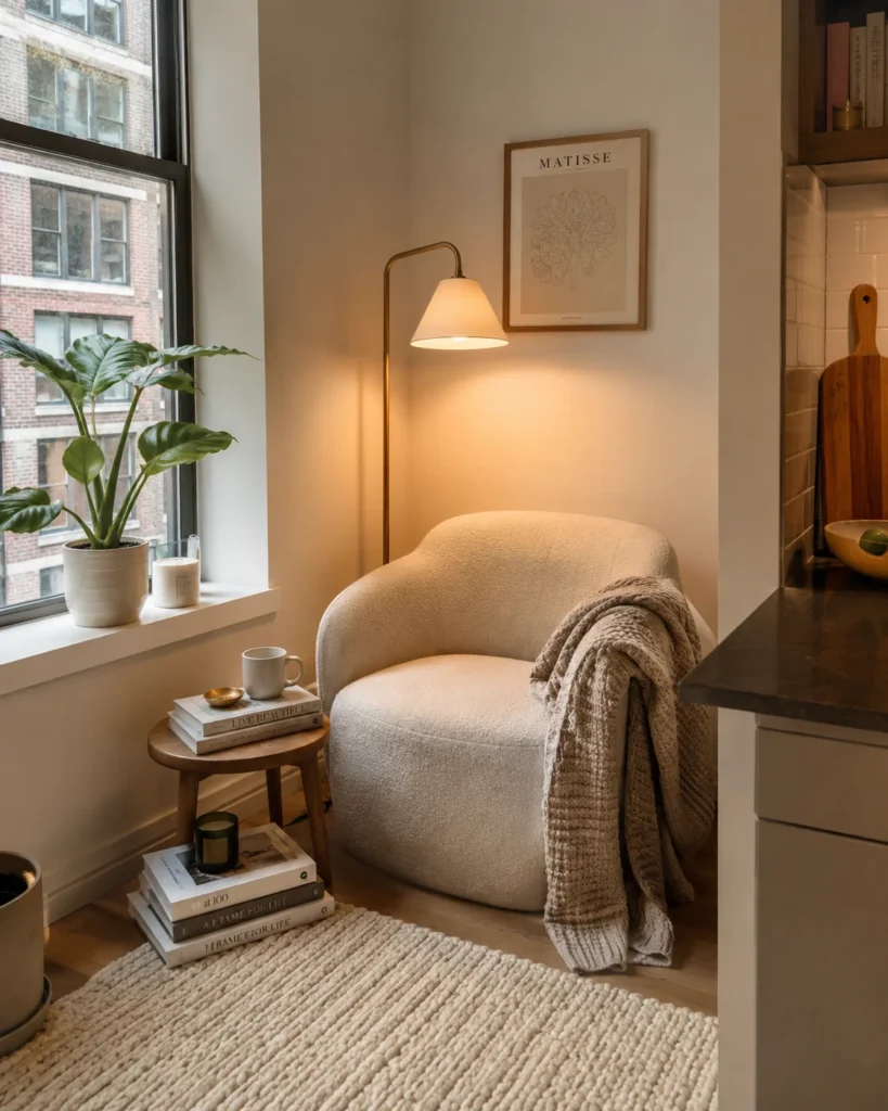 19 Cozy Apartment Aesthetic Ideas for a Warm & Inviting Home 10 Cozy tiny apartment reading corner with boucle chair, warm floor lamp, books, and knit throw