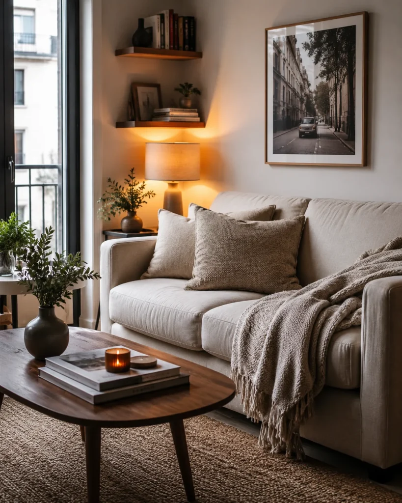 19 Cozy Apartment Aesthetic Ideas for a Warm & Inviting Home 8 Cozy small apartment sofa with neutral pillows, knit throw, warm lamp glow, and wood coffee table