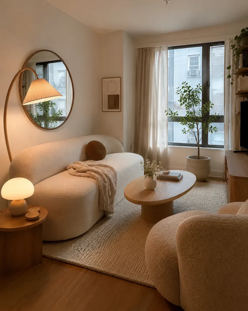 19 Cozy Apartment Aesthetic Ideas for a Warm & Inviting Home 19 Small apartment living room with rounded mirror, curved lamp, oval table, and warm neutral decor.