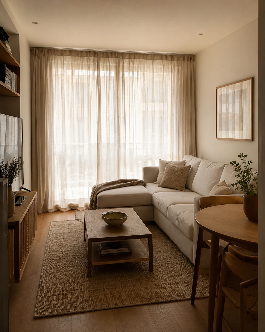 19 Cozy Apartment Aesthetic Ideas for a Warm & Inviting Home 6 Cozy apartment living room with full-length sheer curtains, pale sofa, warm wood furniture, and soft neutral decor.