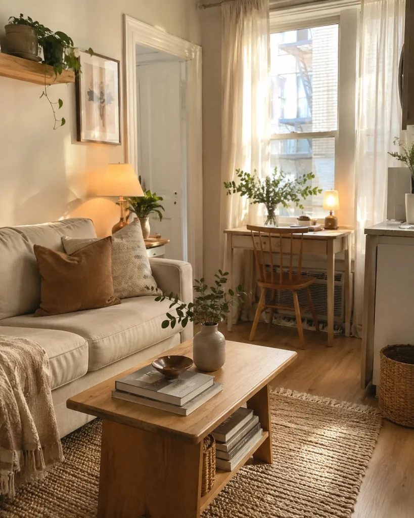 19 Cozy Apartment Aesthetic Ideas for a Warm & Inviting Home 22 Cozy small apartment overview with warm rug, relaxed sofa, soft curtains, wood accents, and layered lighting