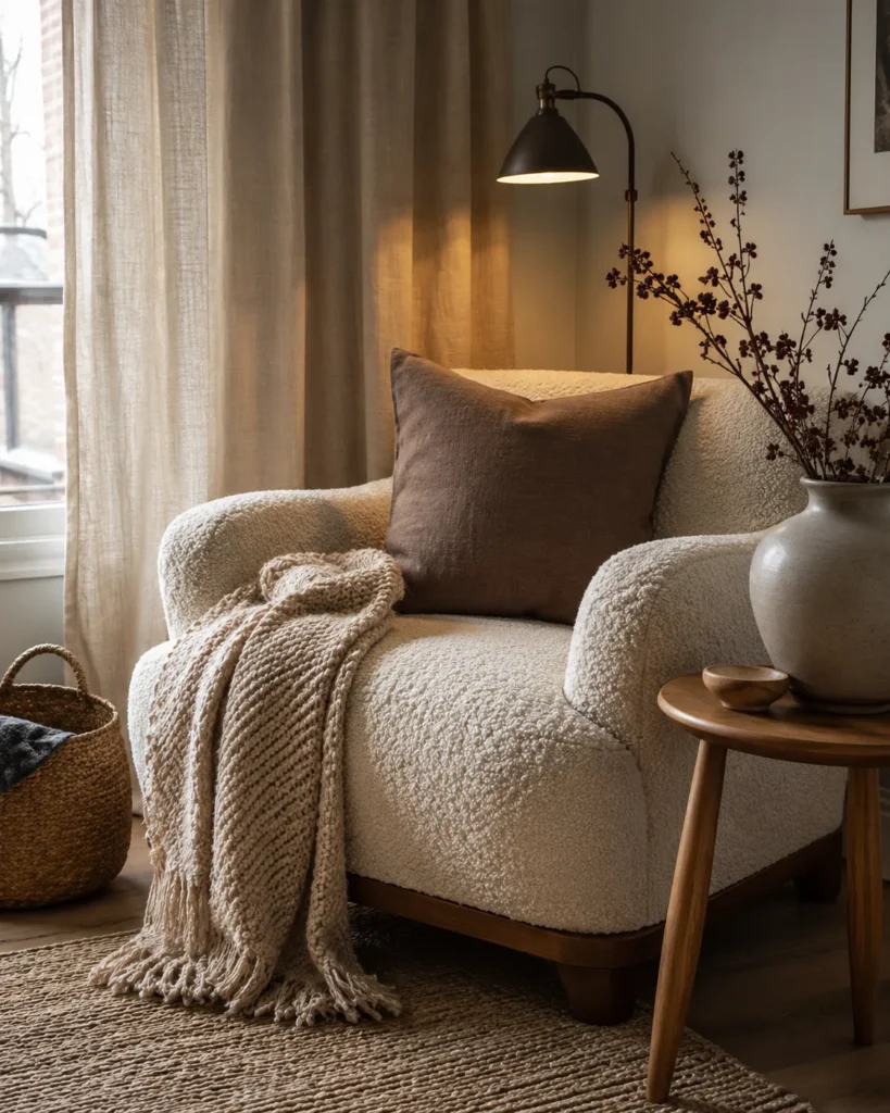 19 Cozy Apartment Aesthetic Ideas for a Warm & Inviting Home 5 Cozy apartment corner with boucle chair, knit throw, linen curtains, woven basket, and ceramic vase.