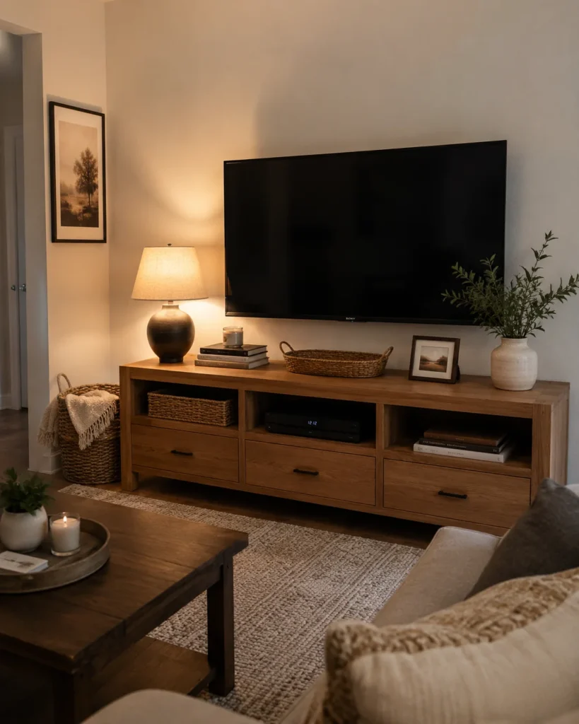 19 Cozy Apartment Aesthetic Ideas for a Warm & Inviting Home 12 Cozy small apartment TV wall with warm wood console, lamp, framed art, and woven storage