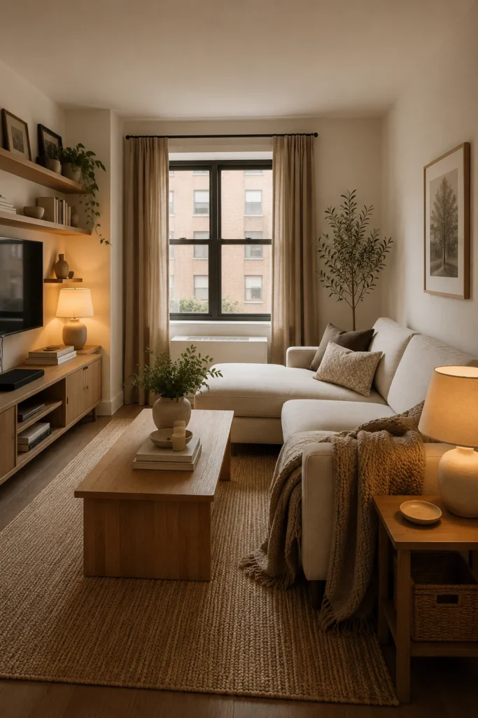 19 Cozy Apartment Aesthetic Ideas for a Warm & Inviting Home 3 Cozy small apartment living room with cream sofa, warm wood furniture, neutral rug, and mushroom curtains