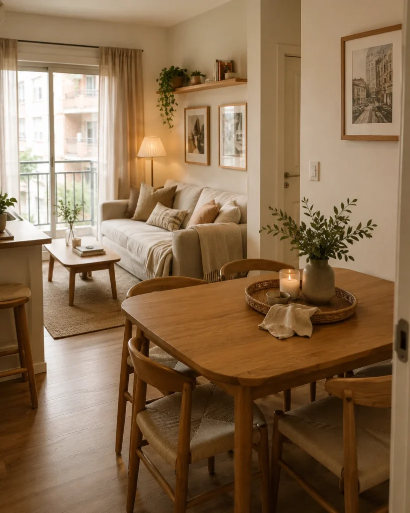 19 Cozy Apartment Aesthetic Ideas for a Warm & Inviting Home 18 Cozy small apartment living and dining area with warm wood furniture and neutral decor