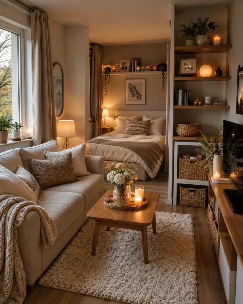 Cozy small apartment with warm lighting, sofa, shelves, rug, curtains, and tidy storage baskets