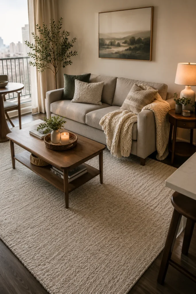 Cozy apartment living room with cream rug, taupe sofa, wood coffee table, and warm neutral decor