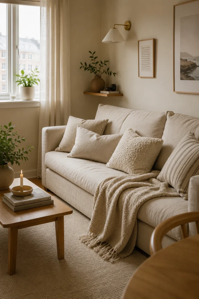 Cozy apartment sofa with neutral pillows, knit throw, pale rug, and warm wood accents