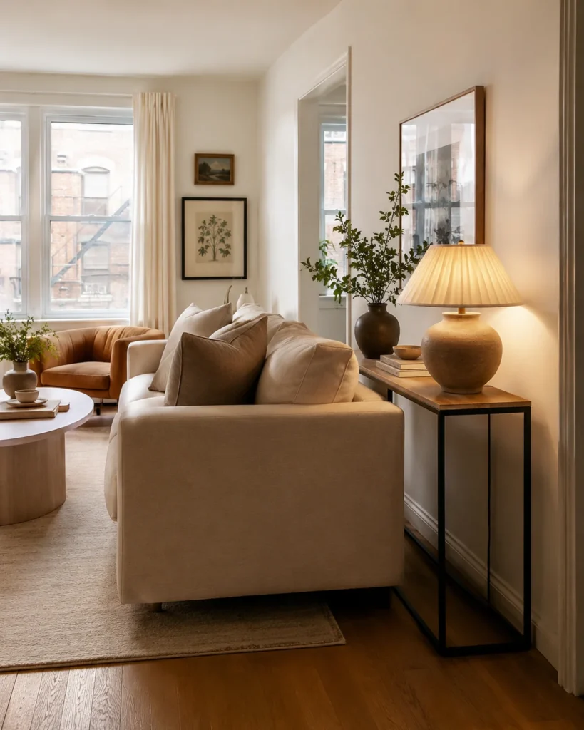 Cozy apartment sofa floated from the wall with a slim console table behind it