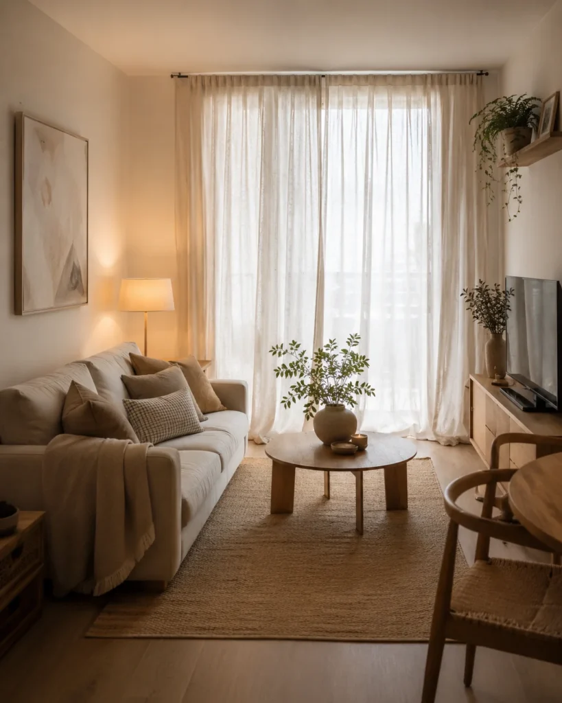 Cozy apartment living room with full-length linen curtains and warm neutral decor