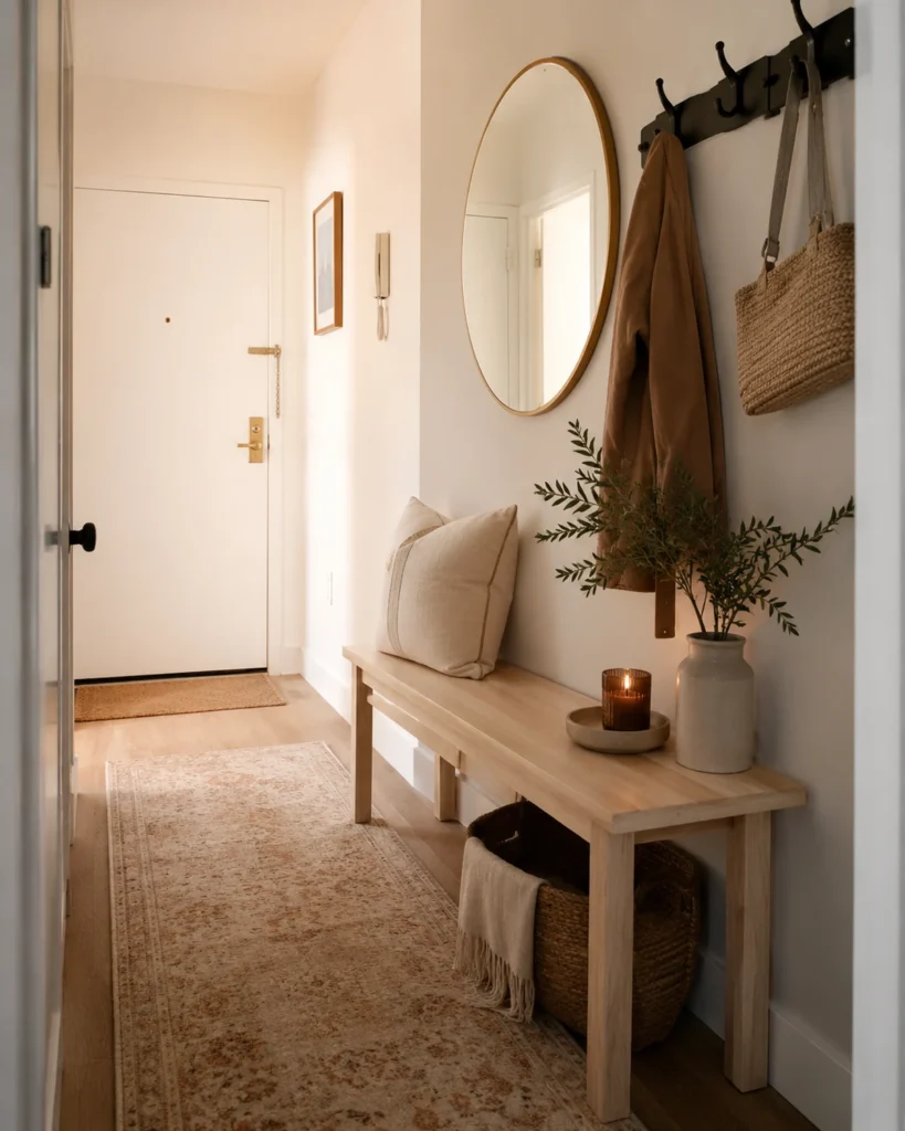 Cozy apartment entry with slim bench, round mirror, wall hooks, woven basket, and warm neutral runner
