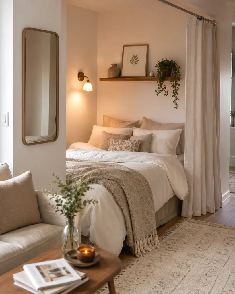 Cozy apartment bed nook with layered neutral bedding, linen curtain panel, warm wall sconce, and soft rug