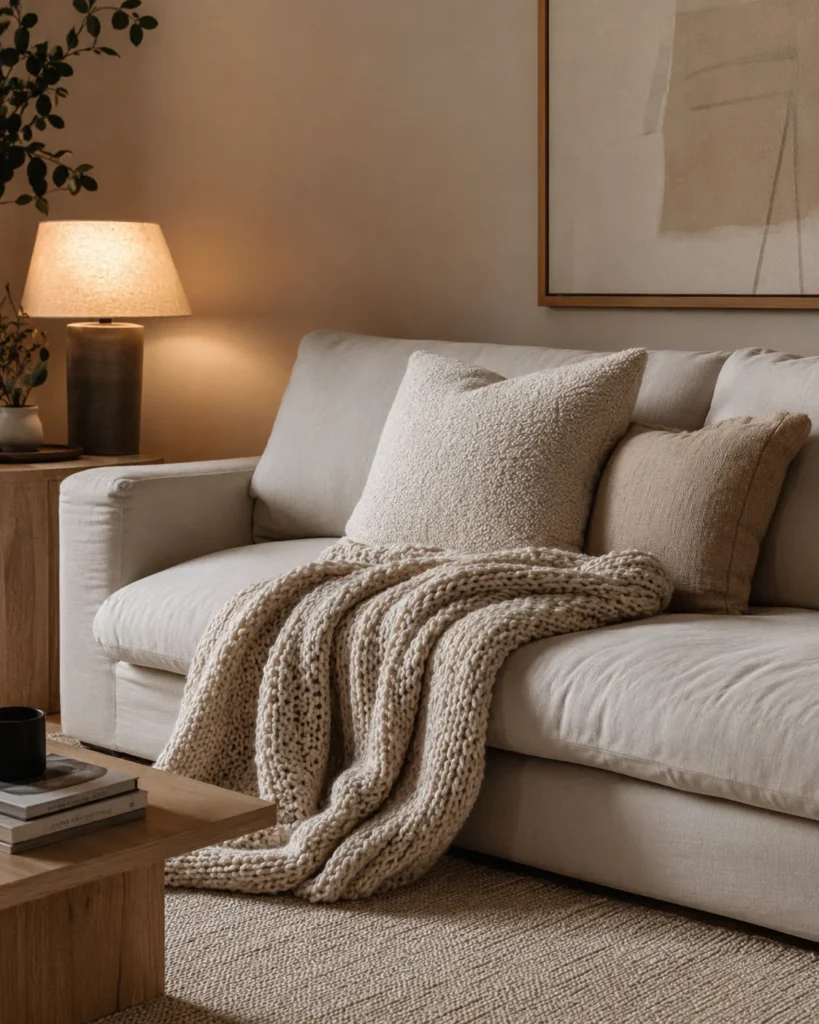 Cozy apartment sofa with knit throw, boucle pillow, linen cushion, and warm neutral styling
