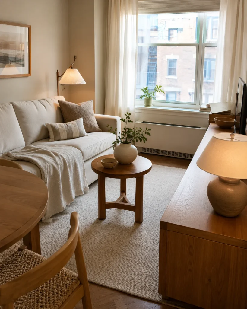 Cozy small apartment with warm wood furniture, cream sofa, soft rug, and neutral decor