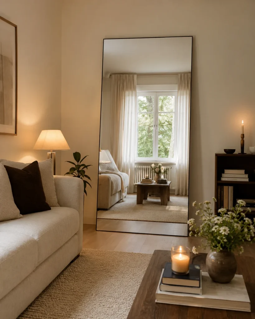 Cozy apartment with oversized mirror reflecting daylight and warm neutral decor