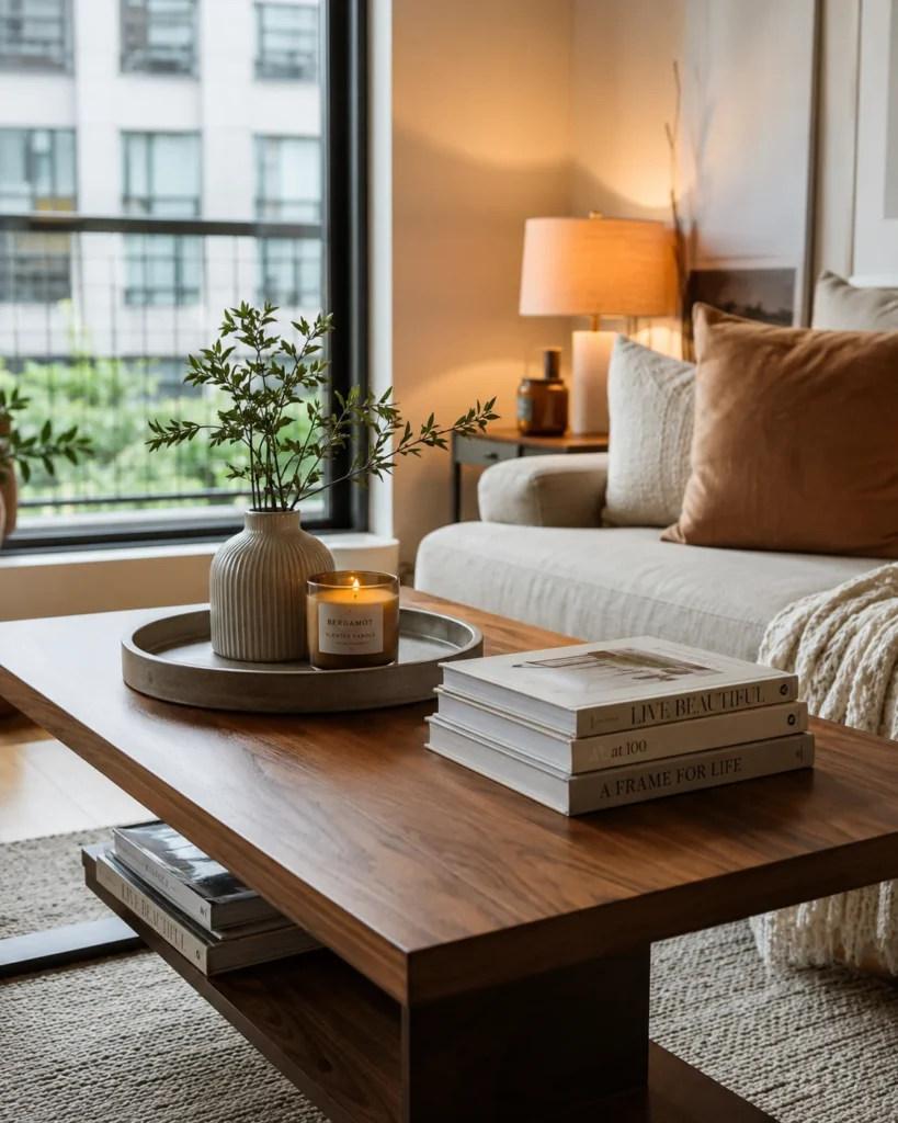 Cozy apartment coffee table styled with candle tray, ceramic vase, and neutral books
