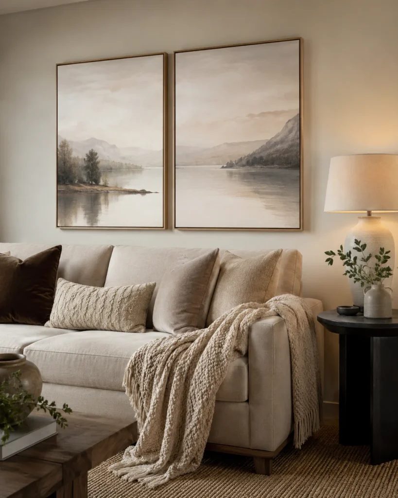 Soft framed landscape art above a neutral sofa in a cozy apartment living room