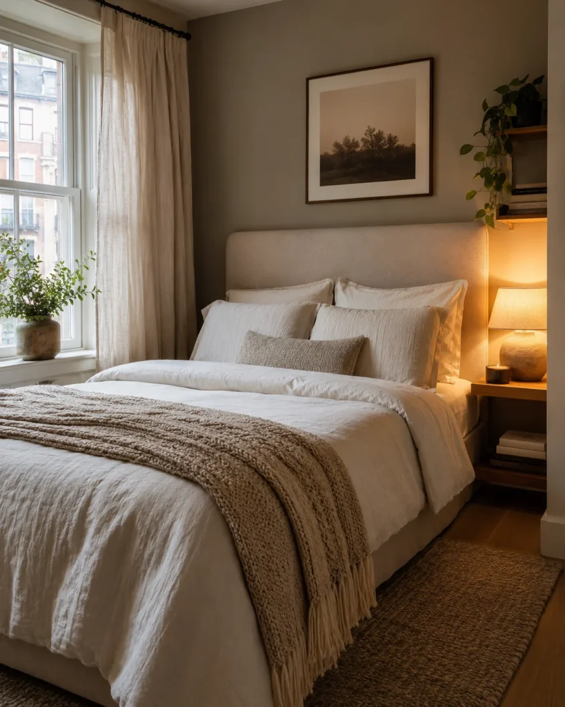 Cozy apartment bed with cream bedding, knit throw, soft pillows, and warm bedside lamp